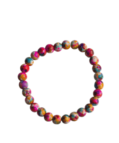 Kralenarmband met roze, geel en paarse keramiek kralen.