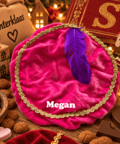 Roze pietenmuts met naam en een Sinterklaas sfeerachtergrond