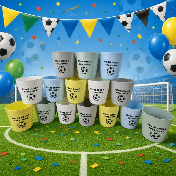 Traktatie bekers in zes verschillende kleuren met een feestelijke voetbal achtergrond
