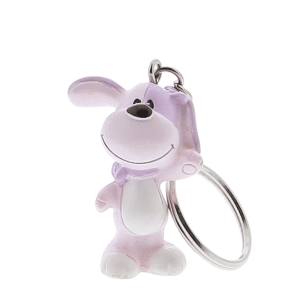 Sleutelhanger hondje toby in lila/roze op een witte achtergrond