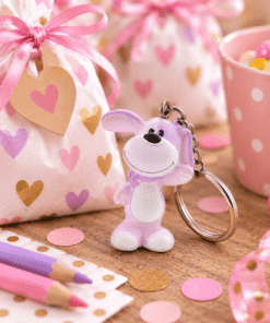 Hondje Toby is een sleutelhanger in lila/roze met een feestelijke achtergrond gemaakt door AI