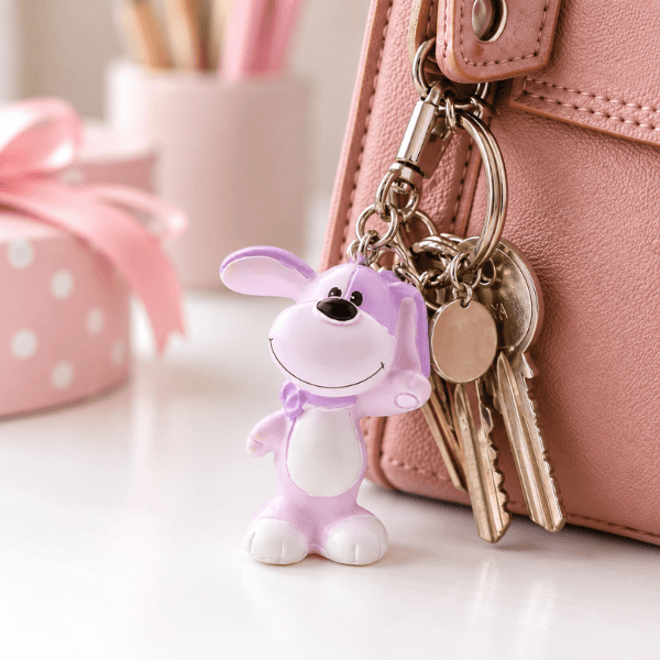 Sleutelhanger toby in lila/roze met een achtergrond van een tas en sleutelbos gemaakt door AI
