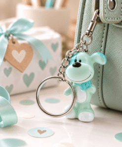 Sleutelhanger hondje toby groen/blauw op een feestelijke achtergrond gemaakt met AI